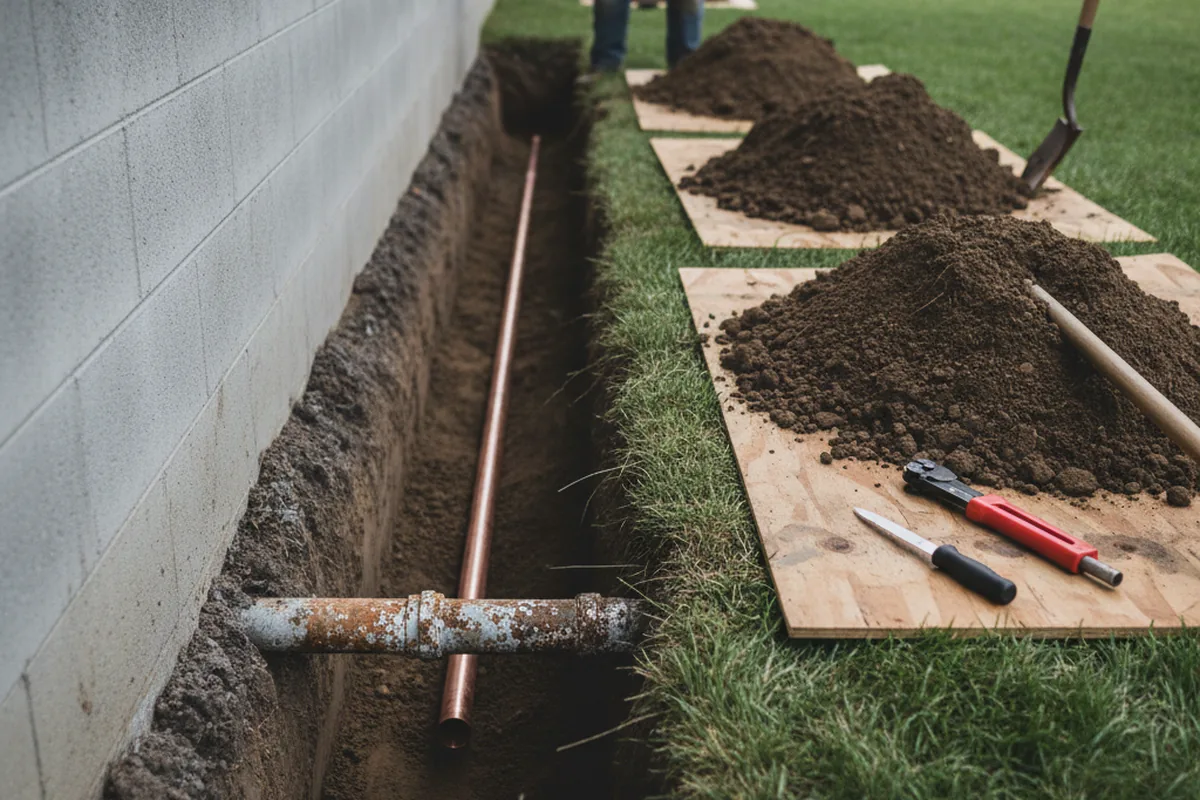 Excavated water line trench during Water Softener Installation in Bonner Springs